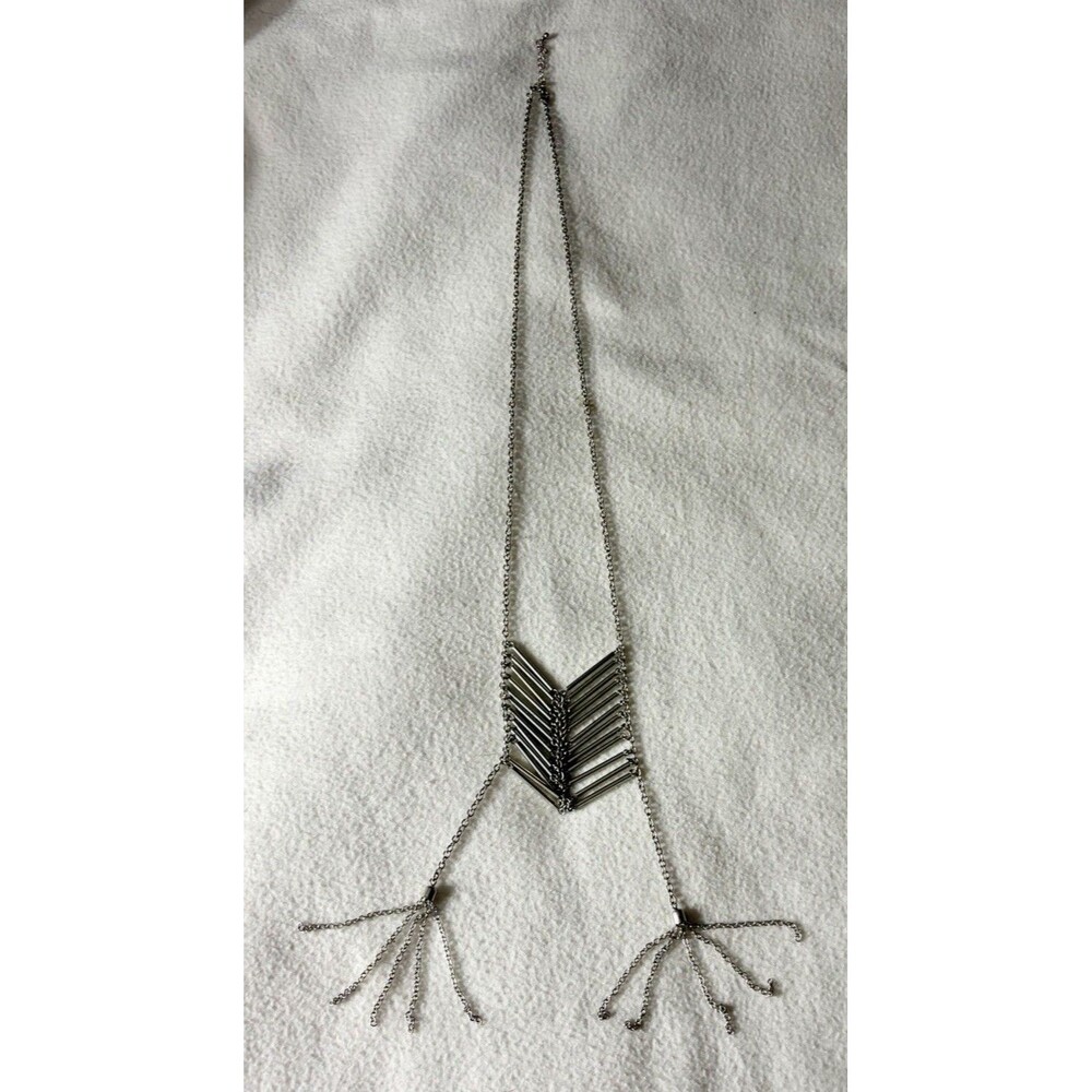 Silver Tone Geometric Chevron Fringe Statement Necklace Boho Festival Jewelry